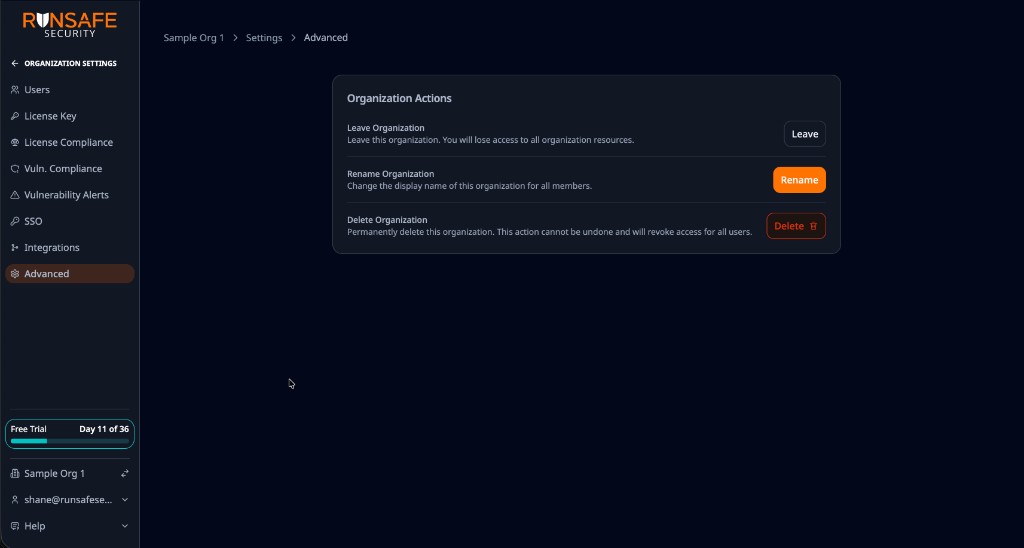Organization switcher closed in the sidebar footer