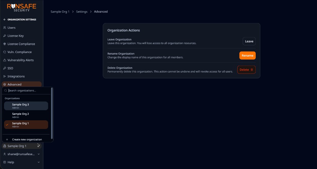Organization switcher open with searchable organization list