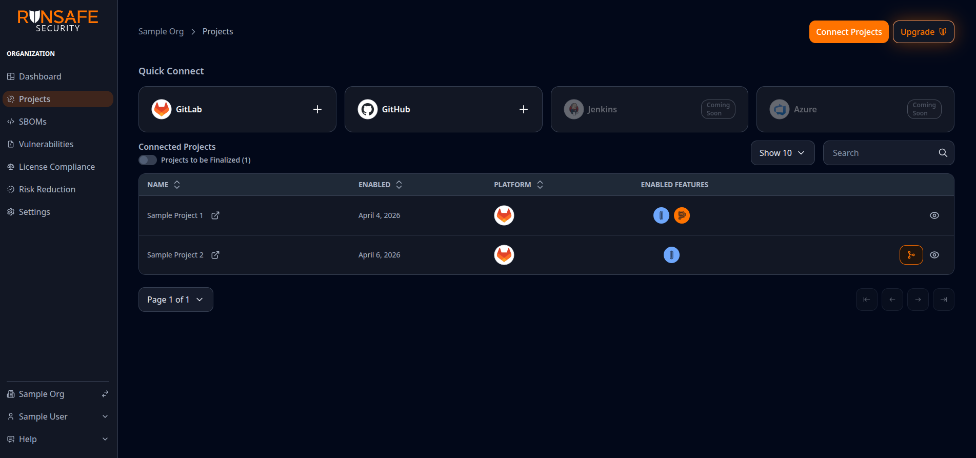 Projects list with Quick Connect and connected repositories