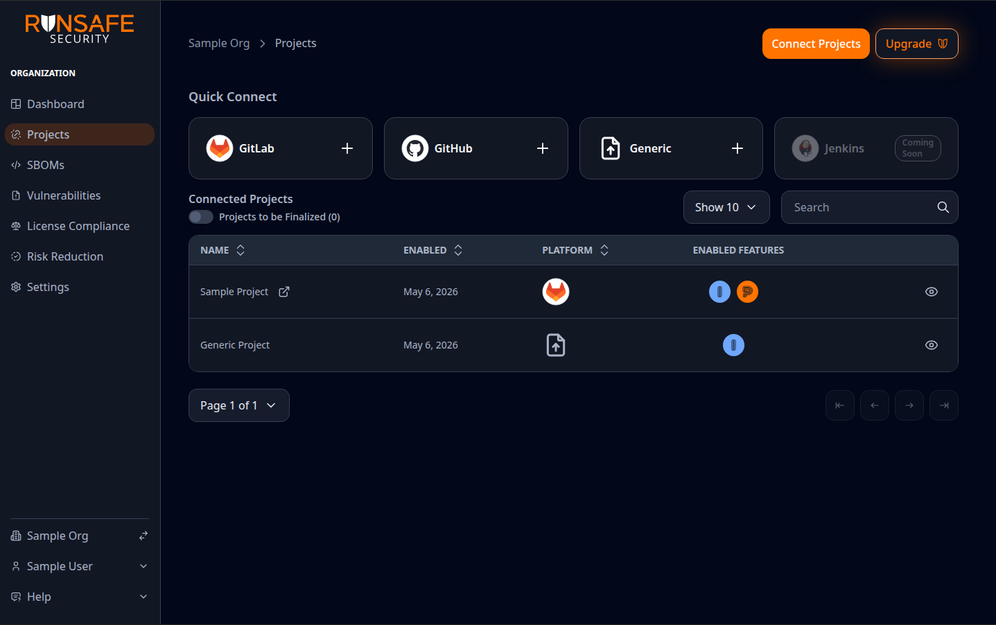 Projects list with Quick Connect and connected repositories